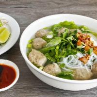 Hu Tieu Bo Vien · Rice noodles soup with beef balls.