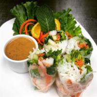Fresh Spring Rolls · 4 pieces. Crab sticks, shrimp, noodles, lettuce, cucumbers, cilantro, and carrots wrapped in...