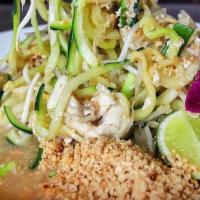 Zucchini Paht Thai · Choice of meat and zucchini noodles sauteed with chicken, egg, bean sprouts, ground peanuts,...