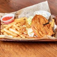 Fried Catfish Sandwich · Fresh catfish is moist, sweet with a firm flesh and less flake,
hand-battered and fried to p...