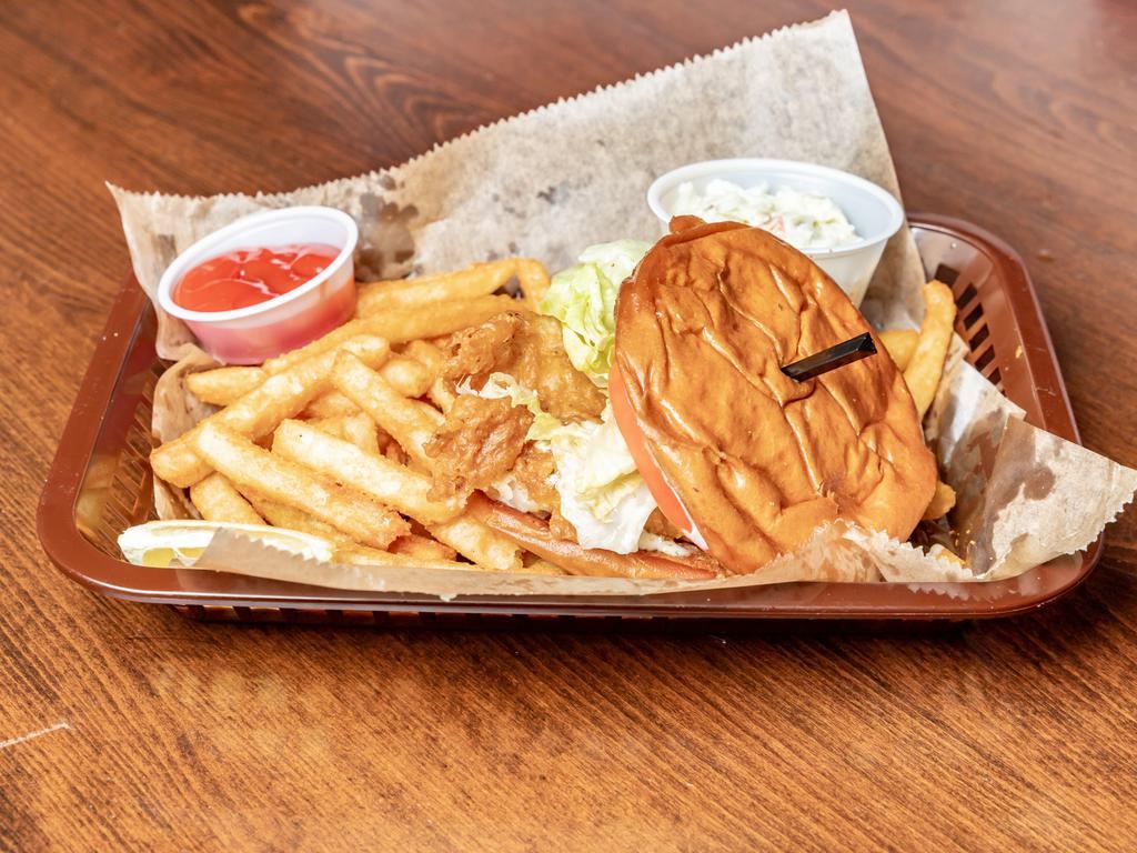Fried Catfish Sandwich · Fresh catfish is moist, sweet with a firm flesh and less flake,
hand-battered and fried to perfection. Served on French bread with lettuce, tomato, and house Cajun Aioli