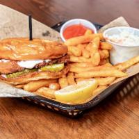 Fried Chicken Sandwich · Southern fried chicken sandwich with Cajun spices, mayo, and just enough pickles. Served wit...
