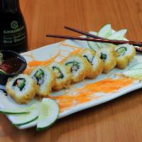 Baked Spicy Chicken Roll · Spicy chicken rolled and fried. Topped with spicy garlic sauce.