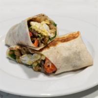 Breakfast Burrito · 2 eggs, white cheddar, potatoes, aioli, Mama Lil's peppers and choice of ham, bacon or sausa...
