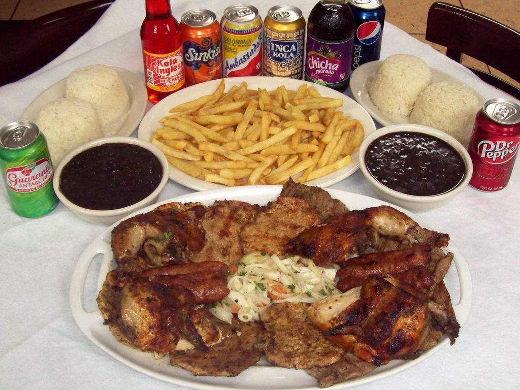 Family Meal 3 · 1 whole chicken, 1 lb. steak, 1 chicken boneless breast, 1 lb. pork, 2 sausage. Serve with 3 large rice, 2 large beans, 2 large fries and 8 sodas