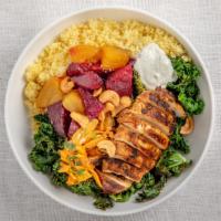 Blackened Chicken & Roasted Beets · Couscous, Grilled Kale, Garlic Parmesan Vinaigrette, Blackened Chicken, Roasted Beets, Shred...