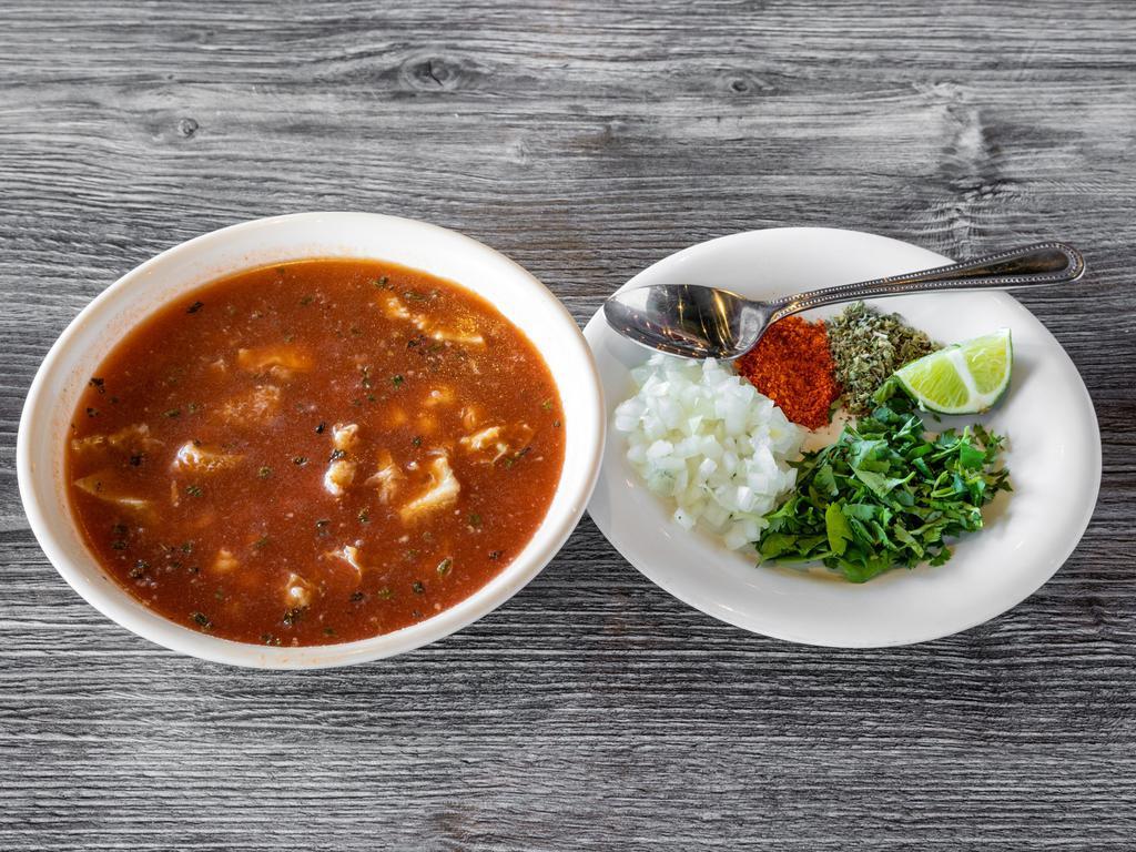 Menudo* · Red or white served with cilantro ＆ onions.