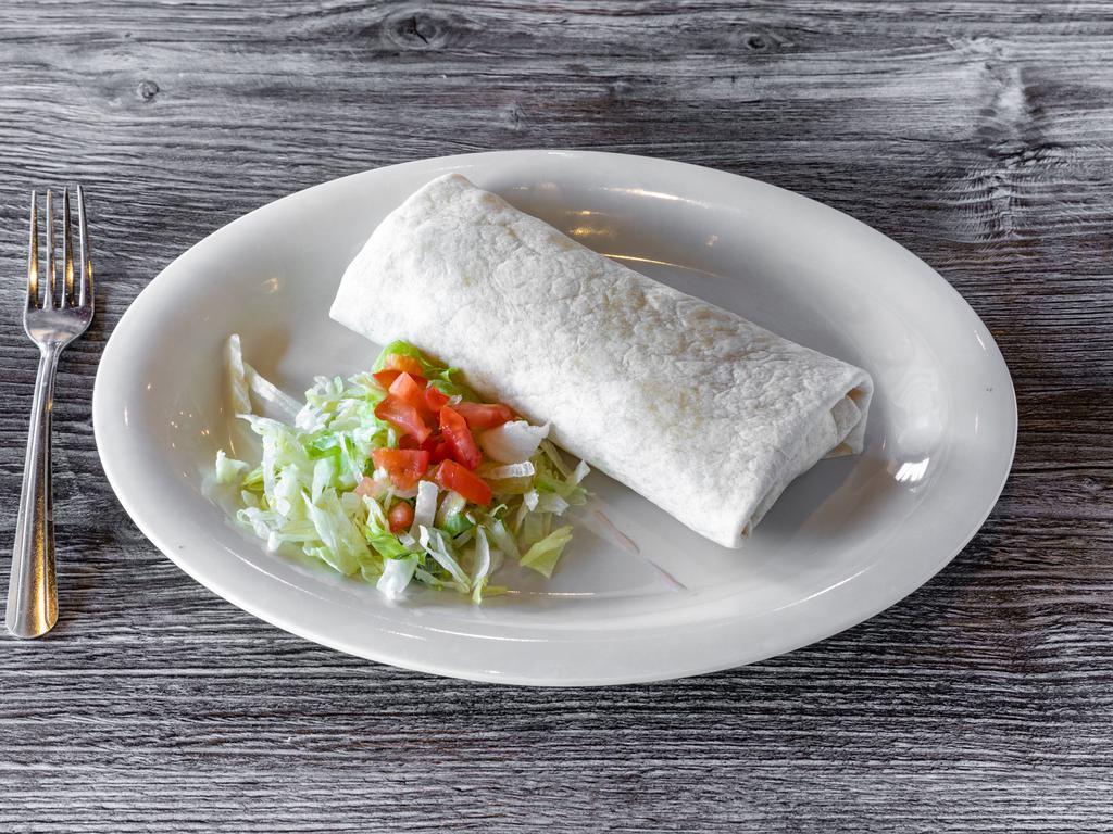 Machaca Burrito* · Shredded beef, cooked with onions ＆ peppers.