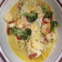 Haddock Asiago · Fridays and Saturdays only. Broiled fresh haddock, topped with sauteed shrimp, broccoli and ...