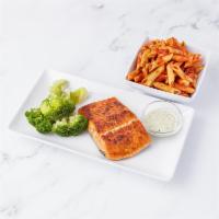 Grilled Salmon · 9 oz. salmon grilled on a cedar plank served with a side of creamy dill sauce and broccoli a...