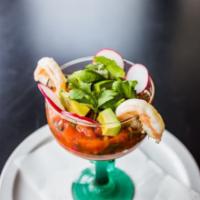 Coctel de Camaron · Shrimp in homemade cocktail salsa served with chips.