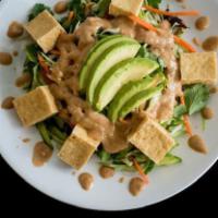 Tofu Avocado Salad · Spring mix with tofu cubes, avocado, chopped cabbage. cucumber and cilantro. Served with hom...