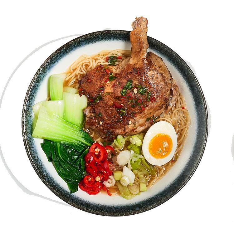 43. grilled duck · crispy duck leg. rich vegetable broth. cilantro + ponzu sauce. bok choy. chilies. scallions. half a tea-stained egg