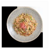 40. Chicken Yaki Soba · Soba noodles with chicken, egg, peppers, bean sprouts, white onion, and scallions. Garnished...