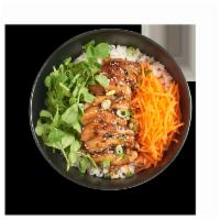 70.  Chicken Teriyaki Donburi · Grilled chicken. Teriyaki sauce. Sticky white rice. Vegetables. Kimchi. Sesame seeds.