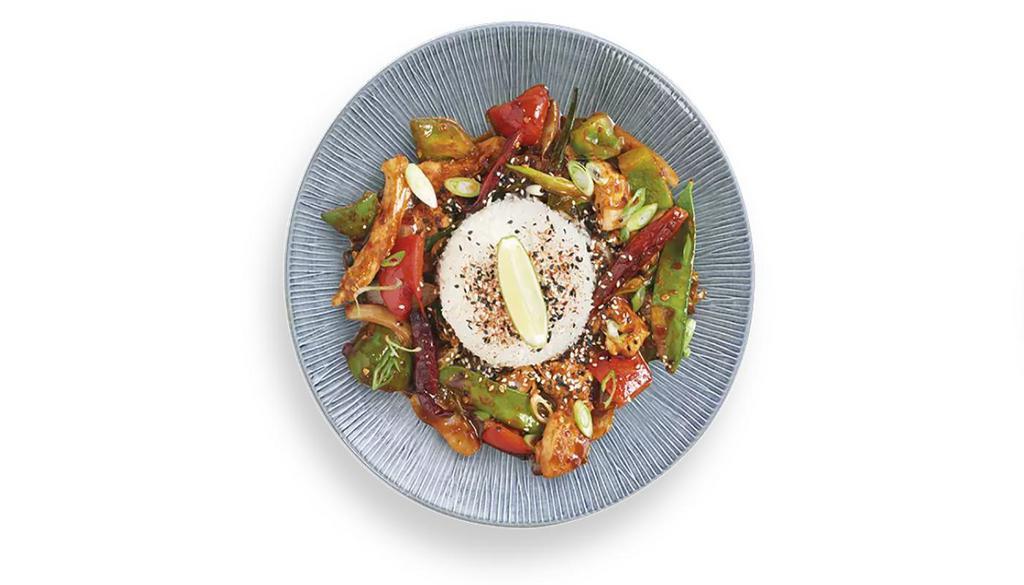 92. Chicken Firecracker · Bold, fiery. Chicken. Snow peas. Peppers. Onions. Chilies. Scallions. White rice.