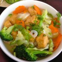 Vegetables and Tofu Noodle Soup · Don't forget to ask for Veggie Broth