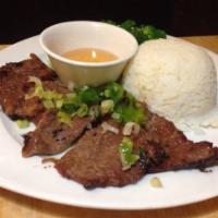 Sugarcane Shrimp and Char Grilled Rib Eye Beef Rice Plate · 