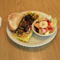 Denver Omelette · Ham, onions, green peppers, mushrooms and Monterey Jack.