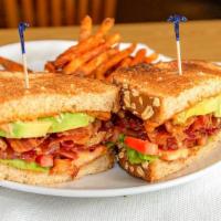 Cali BLT Sandwich · Crisp bacon, avocado, lettuce, tomato and chipotle mayo on thick sliced whole grain wheat br...