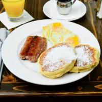 Combo (2+2+2) · Choose from 2 pancakes or thick-cut French toast, 2 farm-fresh eggs and choice of meat. Serv...