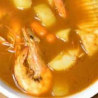 Caldo de Camaron · Shrimp and tilapia spicy soup, with carrots and potatoes.