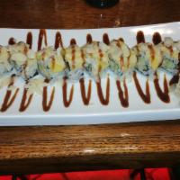 SR22. White Dragon Special Roll · Crab stick tempura, cucumber, cream cheese, top avocado, shrimp tempura, soy paper, eel sauc...