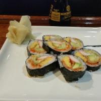SR7. Futomaki Special Roll · Avocado, cucumber, inari, tamago, gobo, oshiko and crab stick.