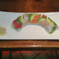 SR12. Rainbow Special Roll · California roll, top fresh tuna, salmon, avocado and izumidai.