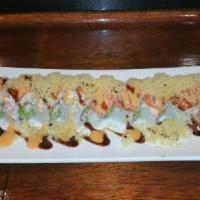 SR15. Salmon Crunch Special Roll · Shrimp tempura, cucumber, avocado, crab salad, fresh salmon, crunch masago, eel sauce and sp...