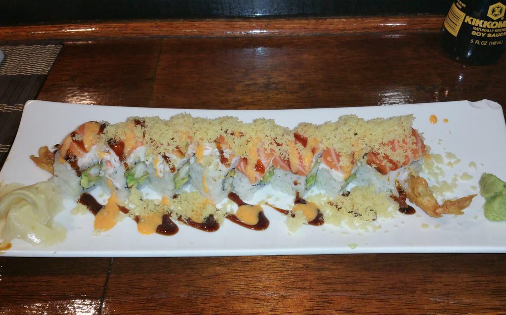 SR15. Salmon Crunch Special Roll · Shrimp tempura, cucumber, avocado, crab salad, fresh salmon, crunch masago, eel sauce and spicy mayo.
