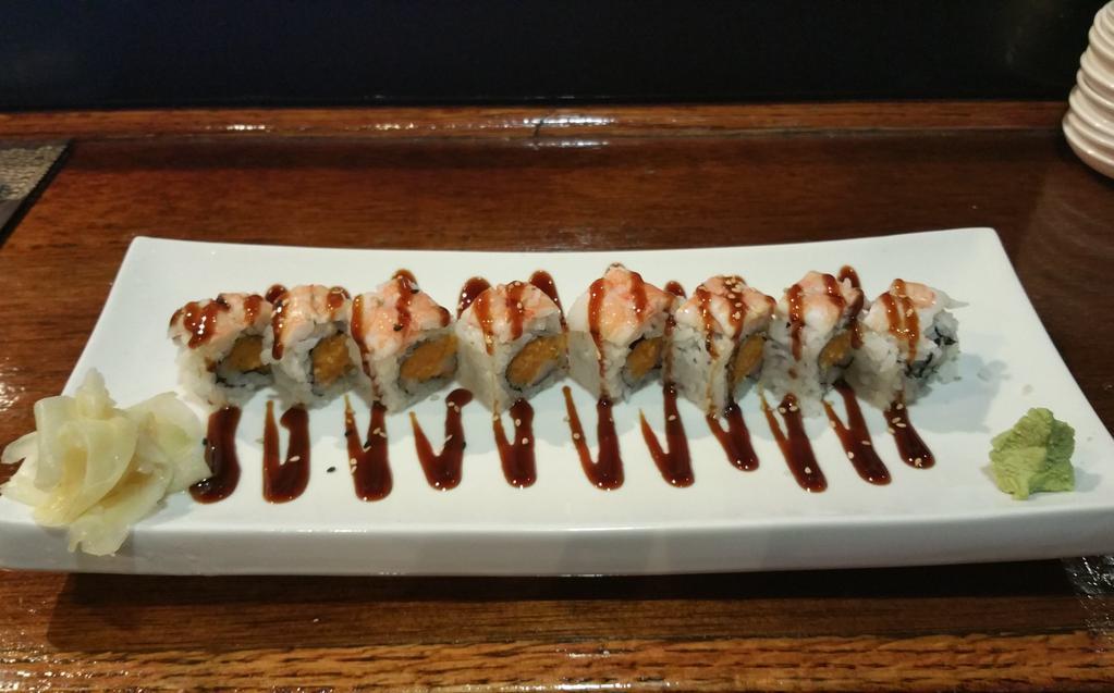 SR17. Super Crunch Special Roll · Crunch, Spicy mayo, crab stick, top steam shrimp and eel sauce.