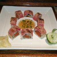 SR19. Tuna Lovers Special Roll · Cucumber, avocado, spicy tuna, top lightly seared tuna, scallion and special soy sauce.