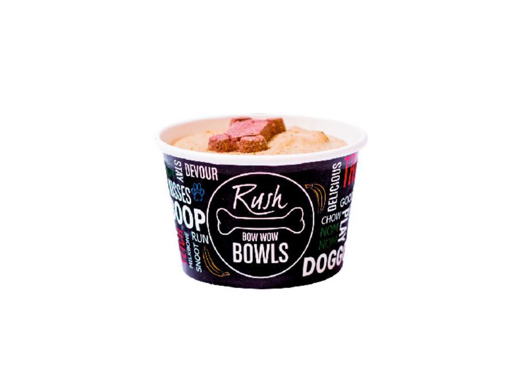 Bow Wow Bowl · FOR YOUR FURRY FRIEND
Banana, Peanut Butter, Milk, Froyo | 
Topper: Milk Bone