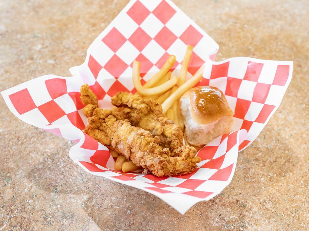 Kid's Junior Chicken Dinner · 2 tender strips of battered chicken, deep fried and served with french fries and a hot roll.