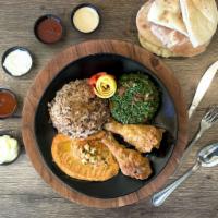 Fried Chicken Plate · Served with choice of rice, salad, and dip & pita bread.