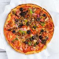 Mopac Pizza · Pepperoni, Canadian bacon, sausage, Roma tomatoes, mushrooms, green bell peppers, red onions...