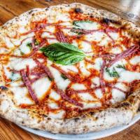 Diavola Pizza · Red pizza with spicy salami, basil, mozzarella and hot peppers. 