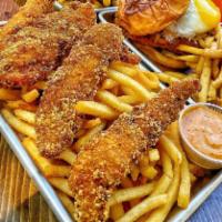 Chicken Tenders · Marinated fried chicken tender with a side of french fries and choice of dipping sauce. 
