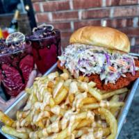 Spicy Chicken Sandwich · Spicy Fried Chicken Breast with ColeSlaw, Pickles and Chipotle on a Hawaiian Bun, with a Sid...
