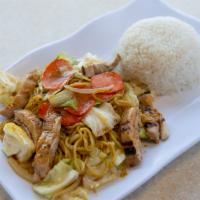 35. Yakisoba Bowl · Noodles and vegetables with a side of rice. Chicken or fried tofu.