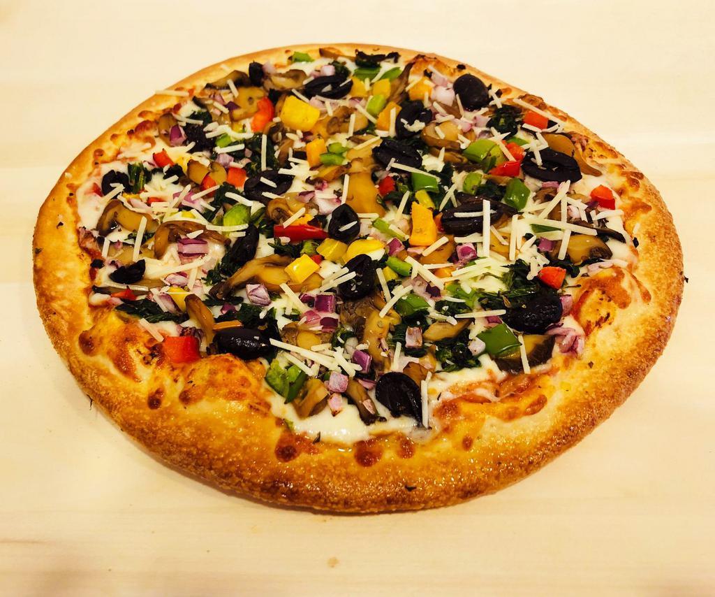 Veggies · Mushrooms, onions, olives, green peppers, tomatoes, spinach and cheese.