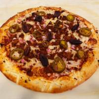 Vegan Alamo · Vegan bacon, Vegan chorizo, Kalamata olives, Jalapenos, Onions & vegan cheese. Sam Houston f...