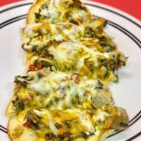 Indian Flat Bread · Naan, lightly curried grilled vegetables and a blend of cheeses.