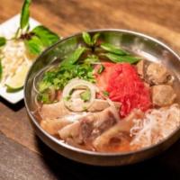 Beef Pho  · Choice of 3 meats: rare steak, brisket, flank, tripe, tendon, or meatball with rice noodles ...