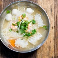 Seafood Pho  · Rice noodles with chicken broth and shrimp, fishballs, and squid - garnished with cilantro, ...