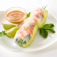 Avocado & Shrimp Summer Rolls (Gỏi cuốn bơ, tôm) · 2 rolls.
Poached shrimp, avocado, rice noodle, shredded lettuce, and chives wrapped in Vietn...