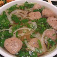 Beef Ball Noodle Soup (Phở Bò Viên) · Beef broth and rice noodle. Topped with scallion, onion, cilantro and side dishes of bean sp...