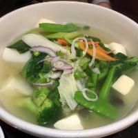 Vegetarian Noodle Soup (Phở chay) · White Tofu with cabbage, snow peas, broccoli, bok choy, carrots, mushrooms, veggie broth and...