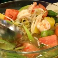 Vietnamese Hot and Sour Soup with Shrimp (Canh chua Tôm) · With Okra, Pineapple, Bean sprouts, Tomato, Taro Stem in Tamarind, Chicken broth and topped ...